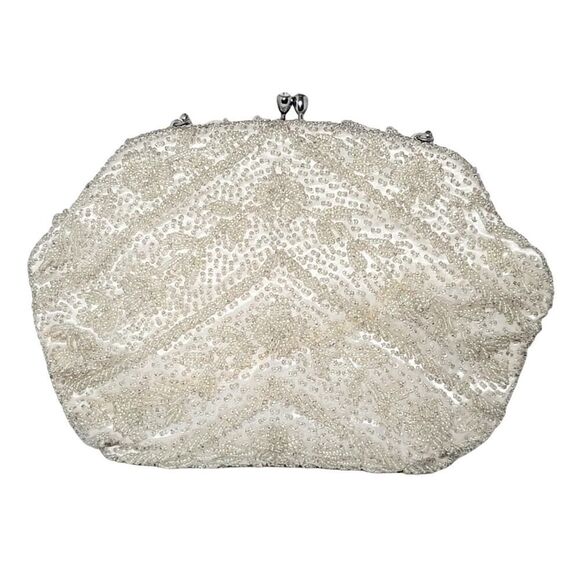 Vintage Off White Beaded Evening Formal Purse Bag Beige Metal Clasp Closure READ - Picture 8 of 12